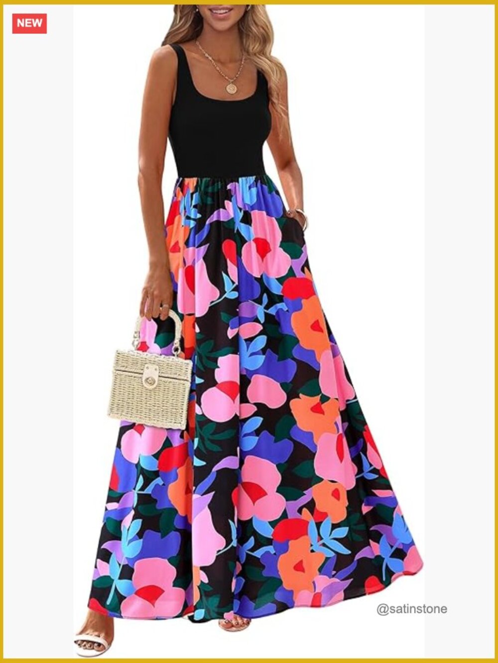 Boho Floral Maxi Dress Sleeveless Scoop Neck A Line with Pockets